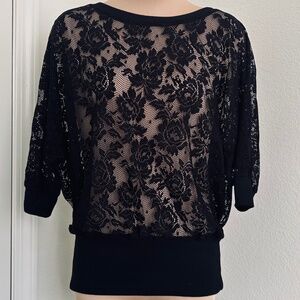 Black Lace Knit Blouse with Dolman Sleeves and Banded Bottom
